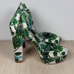 Platform Heels Aldo Tropical Monstera Leaf Print Green White Size 6 Block Pumps
